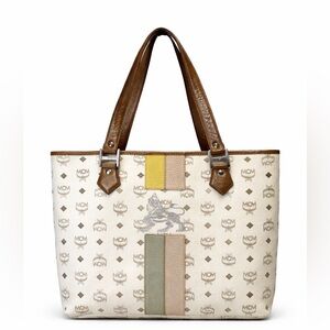 MCM Tote Bag White Logo Visetos Canvas Leather Trim Shoulder Bag